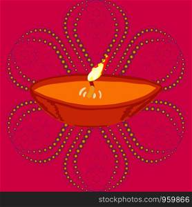 Diwali celebration lamp on pink, festival holiday design with Indian Rangoli. Flat cartoon style. Vector illustration.. Diwali celebration lamp on pink