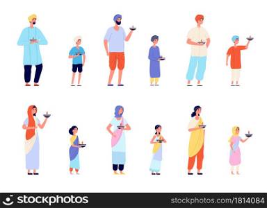 Diwali characters. Happy asian people, fun young indian woman man and children. Traditional festival of india celebrating group vector set. Illustration diwali traditional character, girl and boy. Diwali characters. Happy asian people, fun young indian woman man and children. Traditional festival of india celebrating group vector set