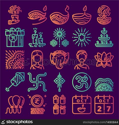 Diwali icon set. Line art icon for Deepavali festival celebrate,hinduism,India,Hindu. 48 pixel icons design. Gradient colored.