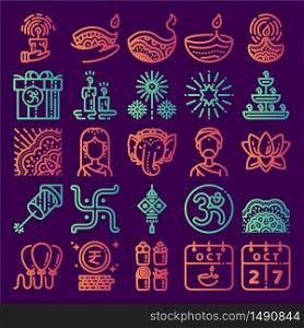 Diwali icon set. Line art icon for Deepavali festival celebrate,hinduism,India,Hindu. 48 pixel icons design. Gradient colored.