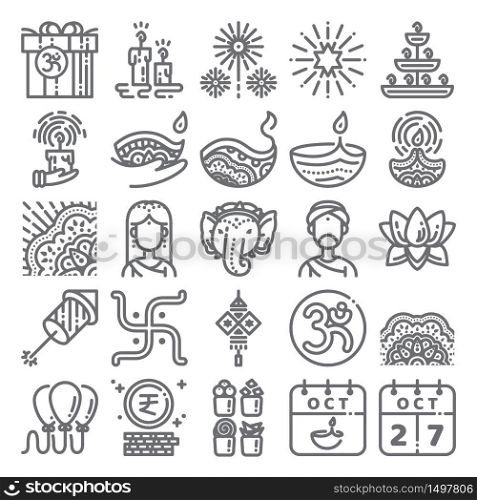 Diwali icon set. Line art icon for Deepavali festival celebrate,hinduism,India,Hindu. 48 pixel icons design.