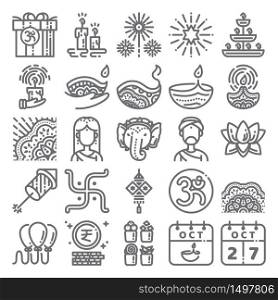 Diwali icon set. Line art icon for Deepavali festival celebrate,hinduism,India,Hindu. 48 pixel icons design.