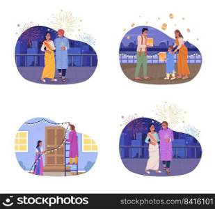 Diwali Indian holiday 2D vector isolated illustrations set. Ancient fest celebrating flat characters on cartoon background. Traditions colourful editable scenes for mobile, website, presentation pack. Diwali Indian holiday 2D vector isolated illustrations set