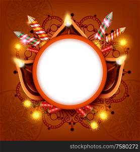 Diwali lanterns realistic composition with empty round frame surrounded by festive lights candles and ornamental drawings vector illustration