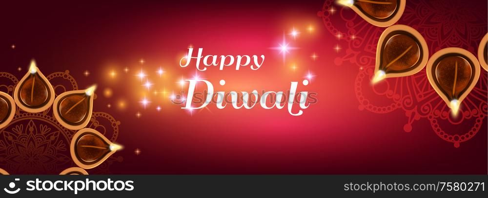 Diwali lanterns realistic horizontal composition with shiny magic light particles and round pattern drawings with text vector illustration