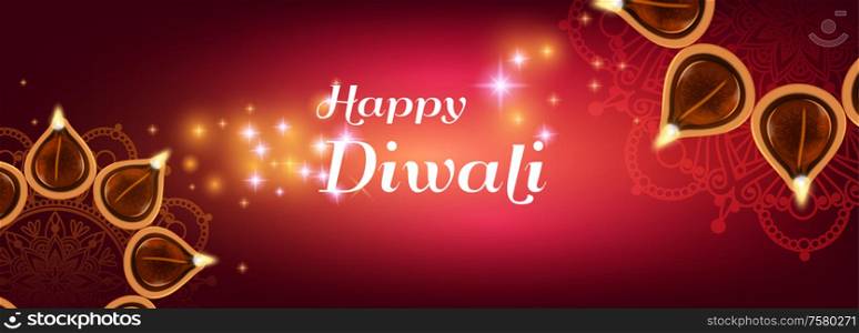 Diwali lanterns realistic horizontal composition with shiny magic light particles and round pattern drawings with text vector illustration