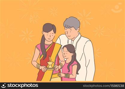 Diwali or Deepawali festival concept. Happy family greetings or celebration of Diwali feast. Simple flat vector.. Diwali or Deepawali festival concept.