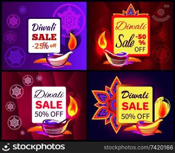 Diwali sale set of posters with title written in frame, colorful images with icons of traditional ornaments and fires vector illustration. Diwali Sale Set of Posters Vector Illustration