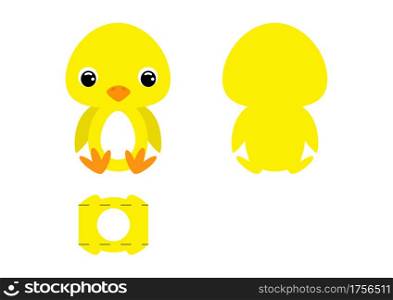 DIY cute chicken chocolate egg holder template. Retail paper box for the easter egg. Printable color scheme. Laser cutting vector template. Isolated packaging design illustration.