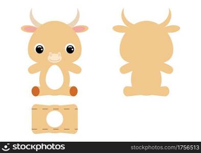 DIY cute yak chocolate egg holder template. Retail paper box for the easter egg. Printable color scheme. Laser cutting vector template. Isolated packaging design illustration.