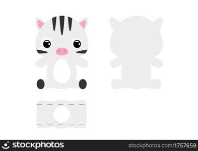 DIY cute zebra chocolate egg holder template. Retail paper box for the easter egg. Printable color scheme. Laser cutting vector template. Isolated packaging design illustration.