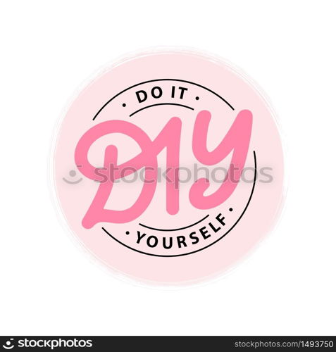 DIY do it yourself. Lettering abbreviation logo circle stamp. Vector illustration. Round Template for print design label, badge rubber seal stamp on white background. Pink color. DIY do it yourself. Lettering abbreviation logo circle stamp. Rubber seal stamp on white background Vector illustration.