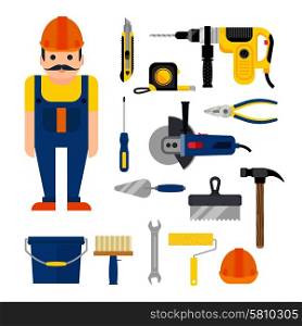 DIY home repairs power. DIY home repairs power and hand tools decorative set in flat style with workman isolated vector illustration