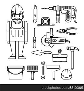 DIY home repairs power. DIY home repairs power and hand tools decorative set in line style with workman isolated vector illustration