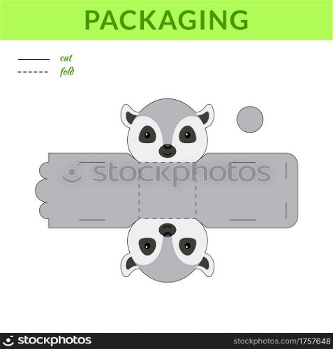 DIY party favor lemur box for birthdays, baby showers for sweets, candies, small presents, bakery. Retail box blueprint template. Print, cutout, fold, glue sticker. Vector stock illustration