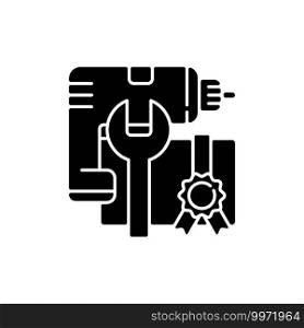 DIY workshop black glyph icon. Getting proffesional skill with power drill and hummer. Use hammer properly. Reaching goal. Silhouette symbol on white space. Vector isolated illustration. DIY workshop black glyph icon