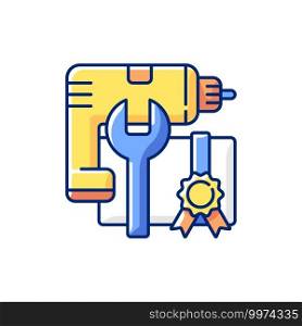 DIY workshop RGB color icon. Getting proffesional skill with power drill and hummer. Getting new practical skills. Training. Use hammer properly. Reaching goal. Isolated vector illustration. DIY workshop RGB color icon