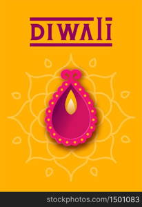 Diya diwali view from the top on rangoli yellow background with lettering text Diwali in modern style