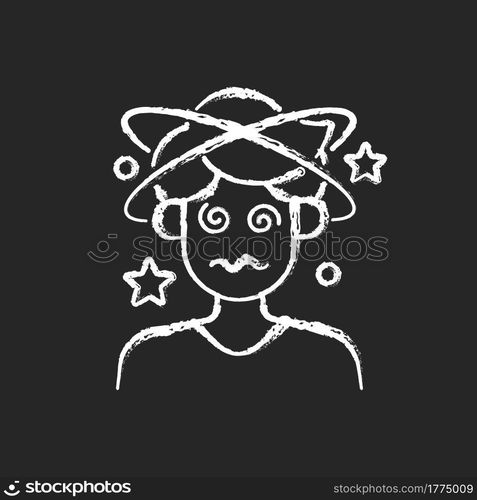 Dizziness and confusion chalk white icon on dark background. Man with headache losing consciousness. Person with heat exhaustion symptom. Isolated vector chalkboard illustration on black. Dizziness and confusion chalk white icon on dark background