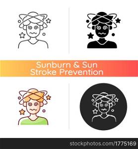 Dizziness and confusion icon. Man with headache losing consciousness. Person with heat exhaustion symptom. Sunstroke sign. Linear black and RGB color styles. Isolated vector illustrations. Dizziness and confusion icon