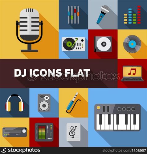 Dj audio music equipment decorative icons flat set isolated vector illustration. Dj Icons Flat Set