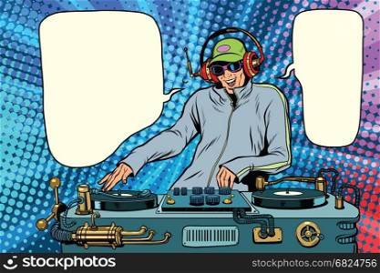 DJ boy party mix music. Pop art retro vector illustration. DJ boy party mix music