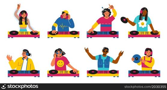 DJ characters with turntables. Happy people bring together electronic music tracks in real time. Men and women play on musical controller with vinyl records. Disco party. Vector techno musicians set. DJ characters with turntables. People bring together electronic music tracks in real time. Men and women play on musical controller with vinyl records. Disco party. Vector musicians set