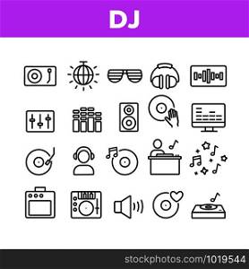 Dj Device Collection Elements Icons Set Vector Thin Line. Dj Equipment And Dynamic, Monitor And Vinyl Record Retro Sound Carrier Plate Concept Linear Pictograms. Monochrome Contour Illustrations. Dj Device Collection Elements Icons Set Vector