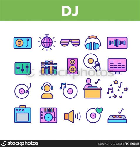 Dj Device Collection Elements Icons Set Vector Thin Line. Dj Equipment And Dynamic, Monitor And Vinyl Record Retro Sound Carrier Plate Concept Linear Pictograms. Color Contour Illustrations. Dj Device Color Elements Icons Set Vector
