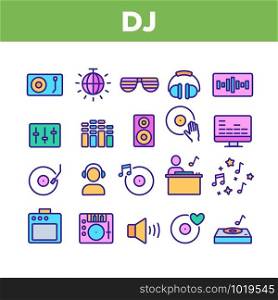 Dj Device Collection Elements Icons Set Vector Thin Line. Dj Equipment And Dynamic, Monitor And Vinyl Record Retro Sound Carrier Plate Concept Linear Pictograms. Color Contour Illustrations. Dj Device Color Elements Icons Set Vector