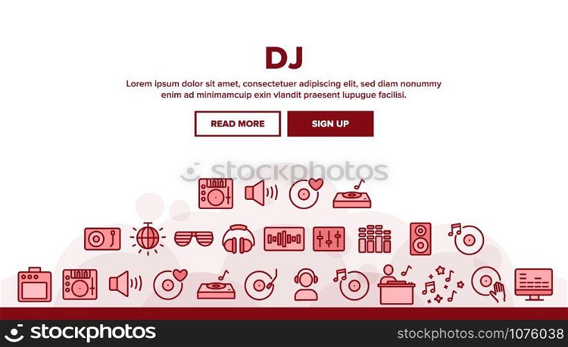 Dj Device Landing Web Page Header Banner Template Vector. Dj Equipment And Dynamic, Monitor And Vinyl Record Retro Sound Carrier Plate Illustration. Dj Device Landing Header Vector