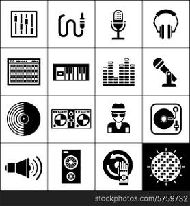 Dj disco music club party icons black set isolated vector illustration. Dj Icons Black