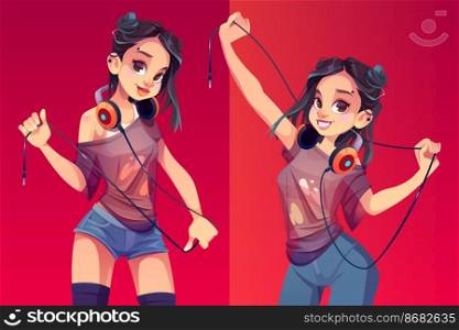 Dj girl in headphones, modern clothes and trendy hairstyle posing or dance with wire in hands. Young sexy woman disc jockey, party maker in ragged teen t-shirt and jeanse, Cartoon vector illustration. Dj girl in headphones modern clothes and hairstyle
