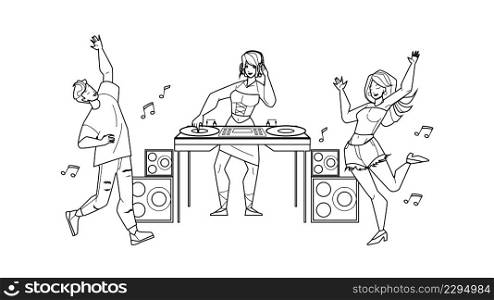 Dj Girl Playing Music On Night Club Party Black Line Pencil Drawing Vector. Young Woman Dj Play Disco Sound And Dancers Man And Lady Dancing Together. Characters Leisure Time In Nightclub Illustration. Dj Girl Playing Music On Night Club Party Vector