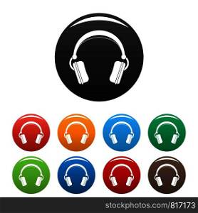Dj headphones icons set 9 color vector isolated on white for any design. Dj headphones icons set color