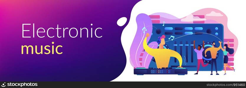 DJ in headphones at turntable playing music and tiny people dancing at party. Electronic music, DJ music set, DJing school courses concept. Header or footer banner template with copy space.. Electronic music concept banner header.