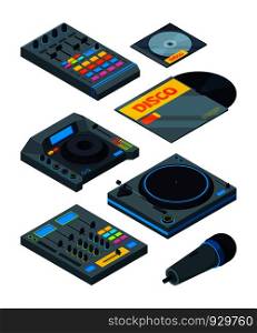 DJ isometric tools. Various instruments for DJ. Vector equipment dj, audio mixer and record illustration. DJ isometric tools. Various instruments for DJ