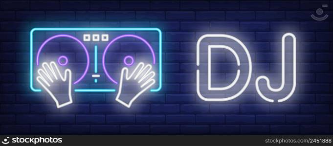 DJ neon text with turntable. Music, party and disco design. Night bright neon sign, colorful billboard, light banner. Vector illustration in neon style.