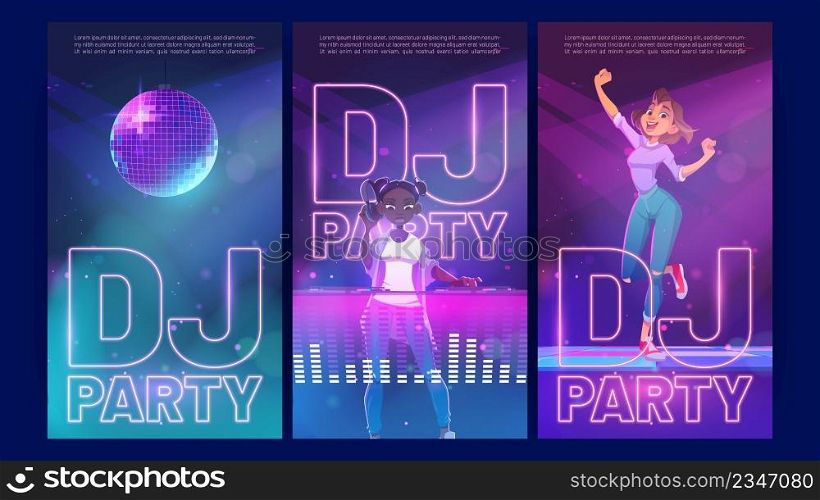 Dj party cartoon invitation posters, woman dancing in night club with african girl disc jockey with headphones playing music at console during dance festival or musical battle event, Vector ads flyers. Dj party cartoon invitation posters, dancing fest