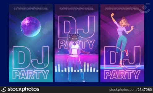 Dj party cartoon invitation posters, woman dancing in night club with african girl disc jockey with headphones playing music at console during dance festival or musical battle event, Vector ads flyers. Dj party cartoon invitation posters, dancing fest