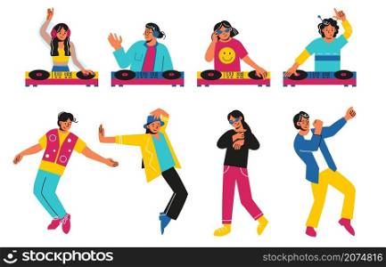 DJ party people. Electronic musicians and rave dancers. Happy men or women mixing tracks on turntables and dancing. Persons with disco equipment and headset. Vector techno house party characters set. DJ party people. Electronic musicians and rave dancers. Men or women mixing tracks on turntables and dancing. Persons with disco equipment. Vector techno house party characters set