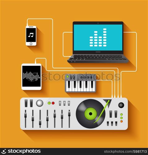 Dj workspace with audio equipment and music technologies vector illustration. Dj Workspace Illustration