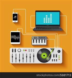 Dj workspace with audio equipment and music technologies vector illustration. Dj Workspace Illustration