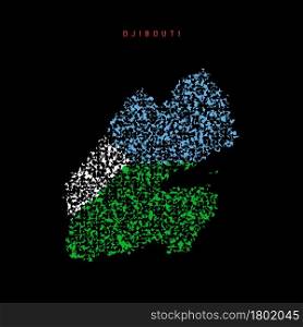 Djibouti flag map, chaotic particles pattern in the colors of the Djiboutian flag. Vector illustration isolated on black background.. Djibouti flag map, chaotic particles pattern in the Djiboutian flag colors. Vector illustration