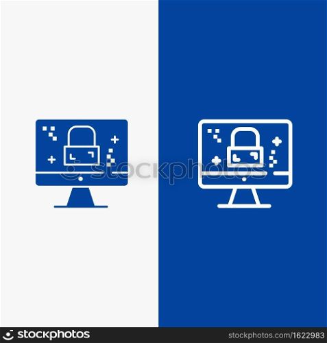 Dmca Protection, Monitor, Screen, Lock Line and Glyph Solid icon Blue banner Line and Glyph Solid icon Blue banner