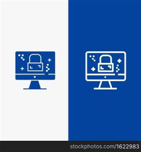 Dmca Protection, Monitor, Screen, Lock Line and Glyph Solid icon Blue banner Line and Glyph Solid icon Blue banner