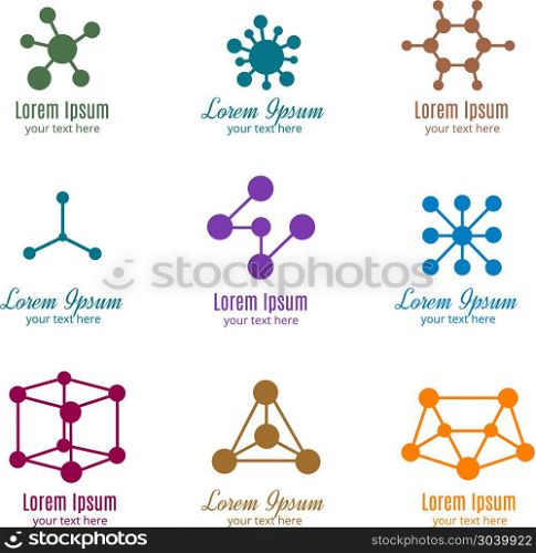 Dna and molecule vector logos for tech, medicine, science, chemistry, biotechnology. Dna and molecule vector logos for tech, medicine, science, chemistry, biotechnology. Template of logotype for pharmaceutical company illustration