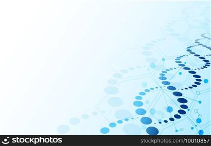 DNA background. Blue abstract helix biotechnology and hexagon molecular texture with copy space for text, genome engineering vector concept. Human genetic helix for medicine and science. DNA background. Blue abstract helix biotechnology and hexagon molecular texture with copy space for text, genome engineering vector concept