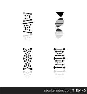 DNA chains drop shadow black glyph icons set. Deoxyribonucleic, nucleic acid helix. Spiraling strands. Chromosome. Molecular biology. Genetic code. Genome. Genetics. Isolated vector illustrations
