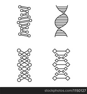 DNA chains linear icons set. Deoxyribonucleic, nucleic acid helix. Molecular biology. Genetic code. Genetics. Thin line contour symbols. Isolated vector outline illustrations. Editable stroke